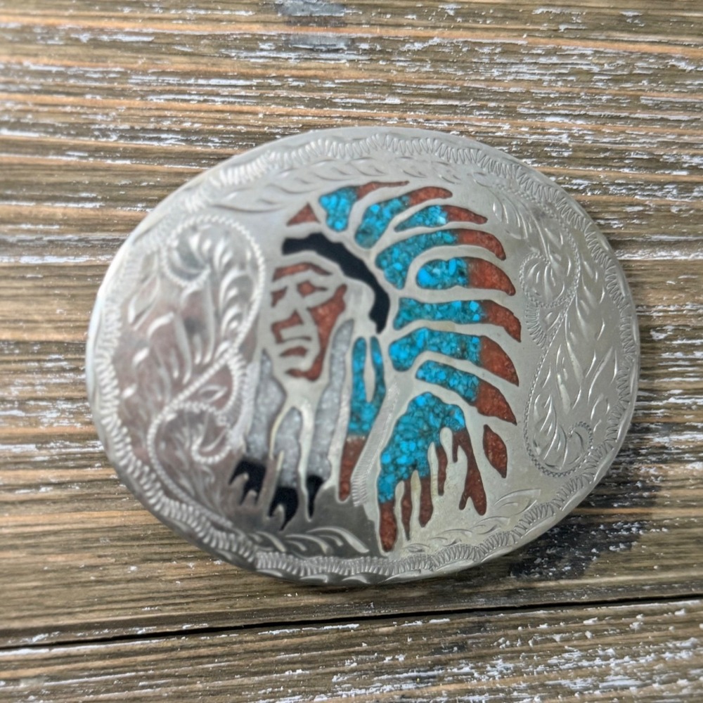 Vintage Southwestern Chief Inlay Belt Buckle Silver Tone Turquoise Coral Color
